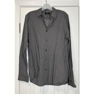 Theory Mens Long Sleeve Button Front‎ Shirt Black White Tan Geometric Medium
